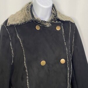 Venus Faux Suede Shearling Coat Black Grey Faux Fur Trim Double Breasted Size 10